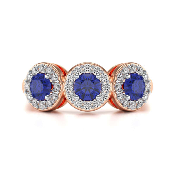 Diamond Halo Round Shape 3 Blue Sapphires Ring in 18ct Gold and Platinum