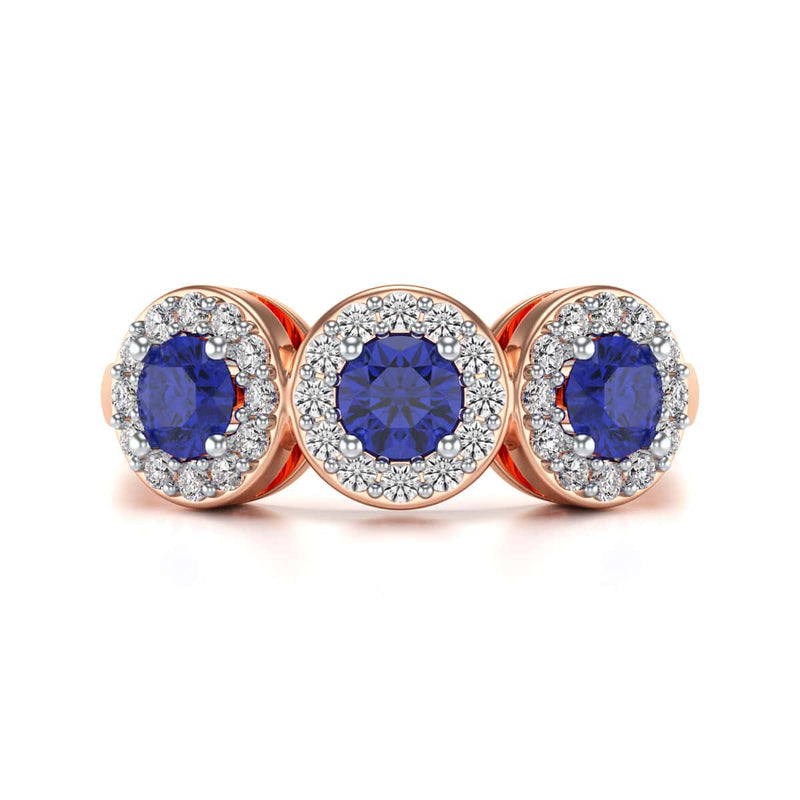 Diamond Halo Round Shape 3 Blue Sapphires Ring in 18ct Gold and Platinum