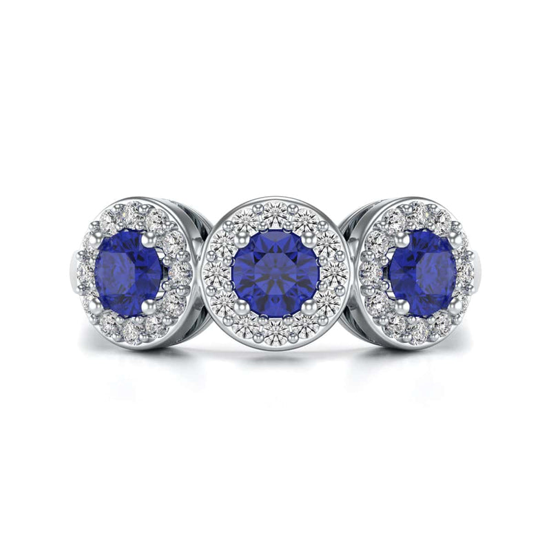 Diamond Halo Round Shape 3 Blue Sapphires Ring in 18ct Gold and Platinum