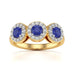 Diamond Halo Round Shape 3 Blue Sapphires Ring in 18ct Gold and Platinum