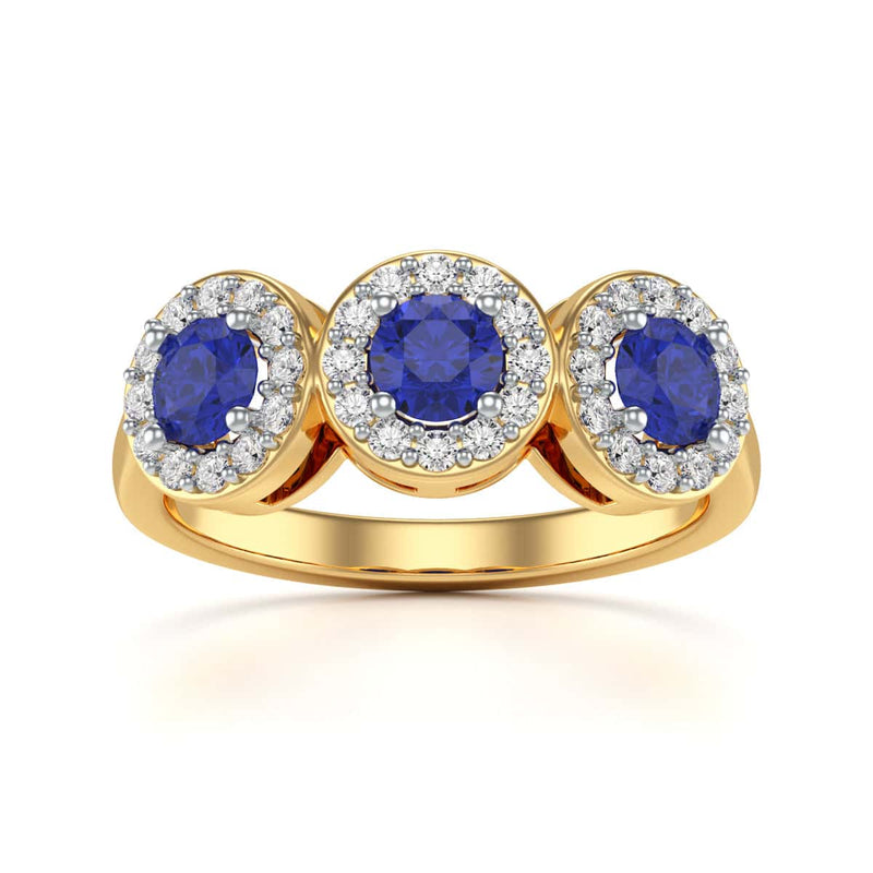 Diamond Halo Round Shape 3 Blue Sapphires Ring in 18ct Gold and Platinum