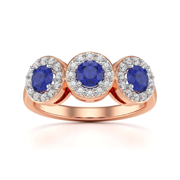 Diamond Halo Round Shape 3 Blue Sapphires Ring in 18ct Gold and Platinum