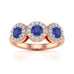Diamond Halo Round Shape 3 Blue Sapphires Ring in 18ct Gold and Platinum