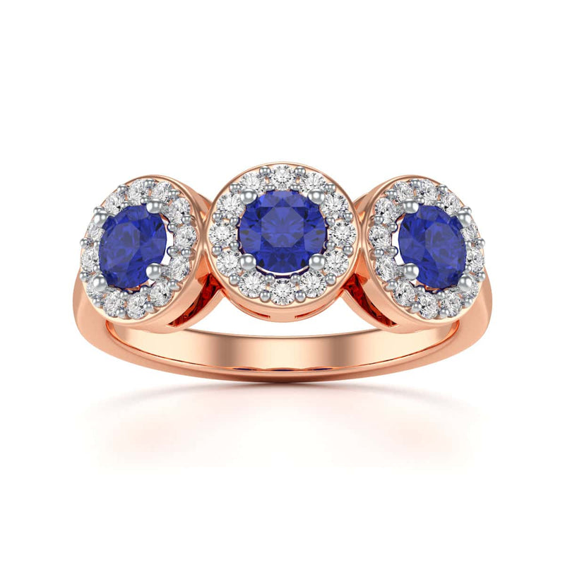 Diamond Halo Round Shape 3 Blue Sapphires Ring in 18ct Gold and Platinum