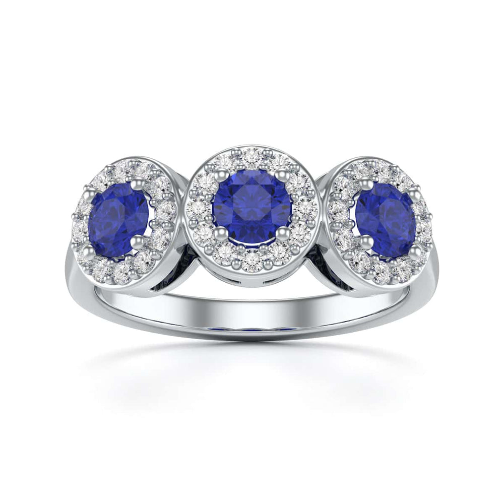 Diamond Halo Round Shape 3 Blue Sapphires Ring in 18ct Gold and Platinum