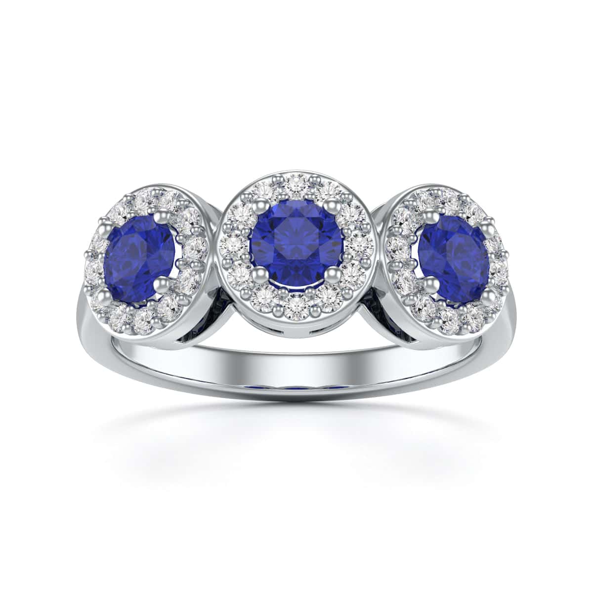 18ct Gold  Diamond Halo 3 Blue Sapphires  Ring - Round Shape