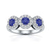 Diamond Halo Round Shape 3 Blue Sapphires Ring in 18ct Gold and Platinum