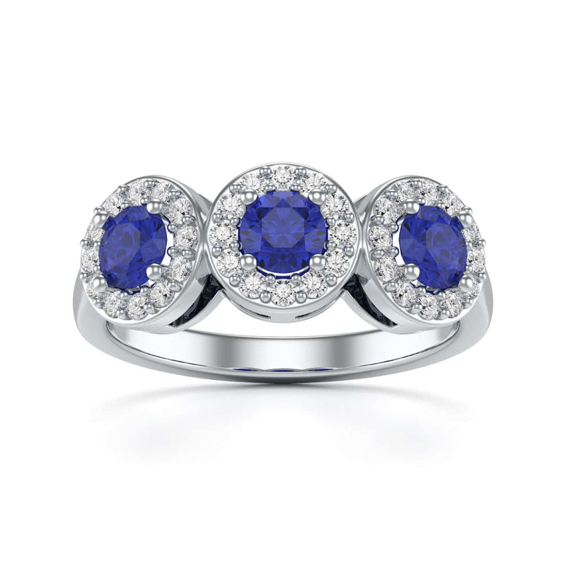 Diamond Halo Round Shape 3 Blue Sapphires Ring in 18ct Gold and Platinum