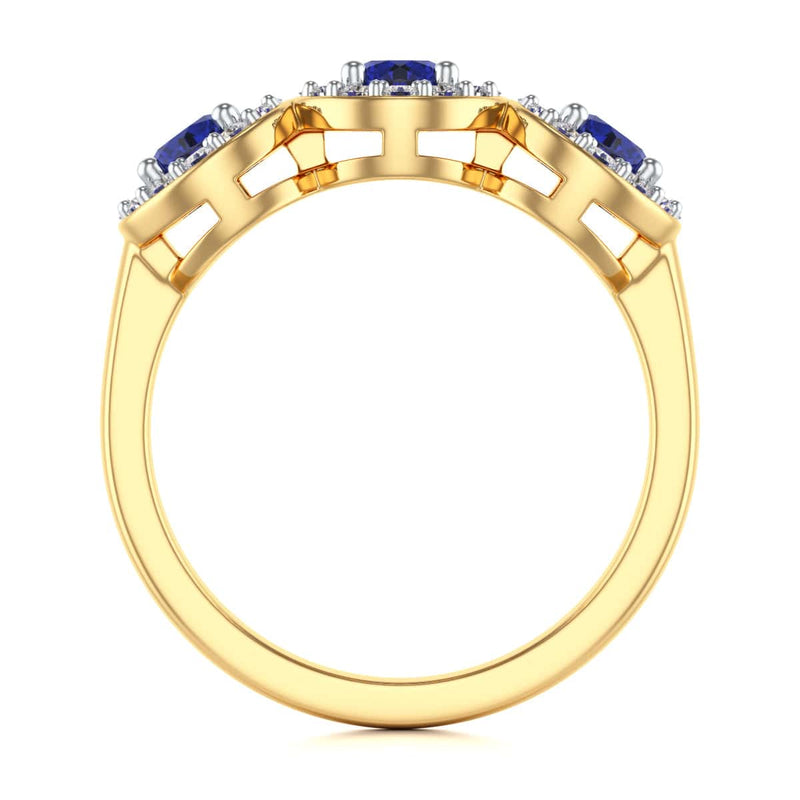 Diamond Halo Round Shape 3 Blue Sapphires Ring in 18ct Gold and Platinum