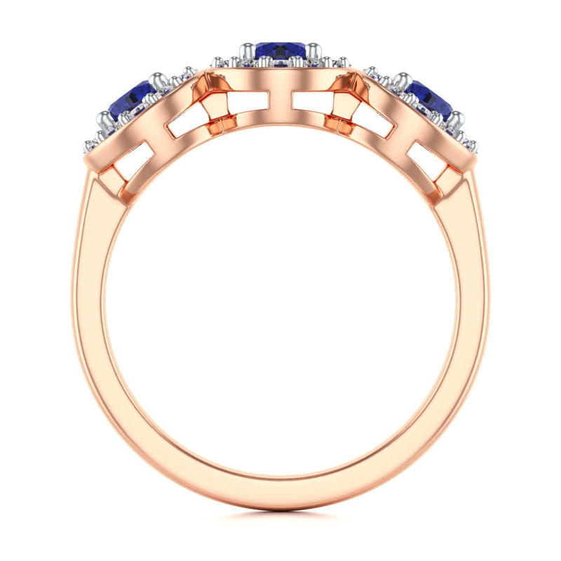 Diamond Halo Round Shape 3 Blue Sapphires Ring in 18ct Gold and Platinum
