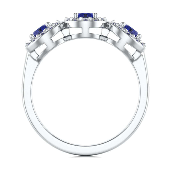 Diamond Halo Round Shape 3 Blue Sapphires Ring in 18ct Gold and Platinum