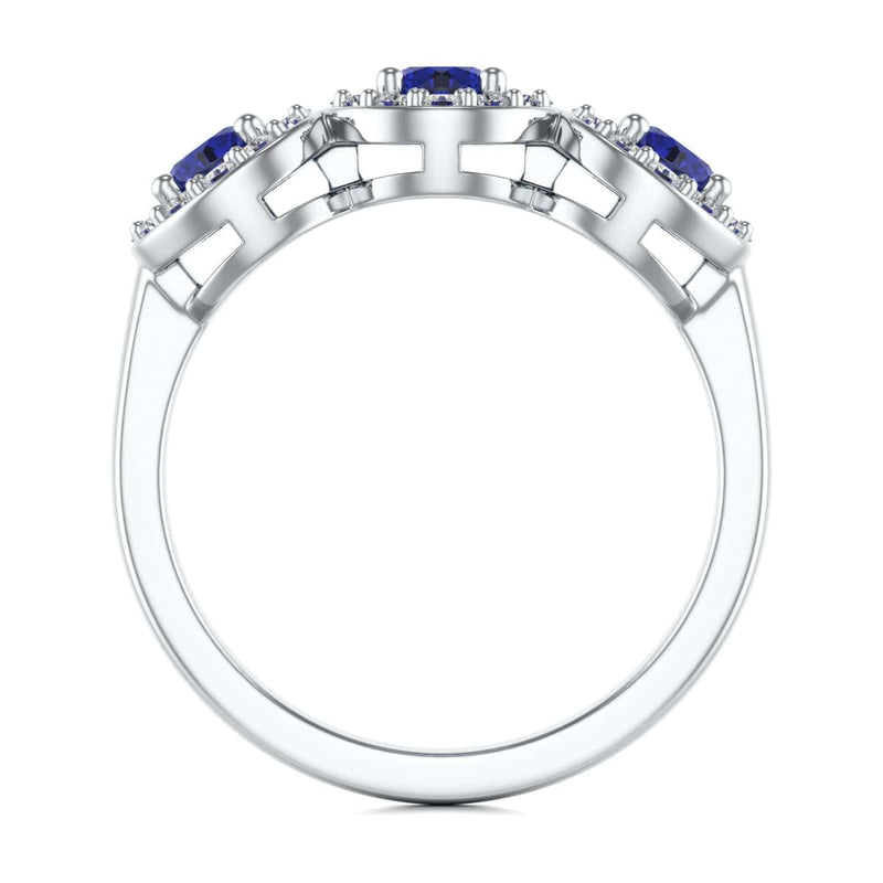 Diamond Halo Round Shape 3 Blue Sapphires Ring in 18ct Gold and Platinum
