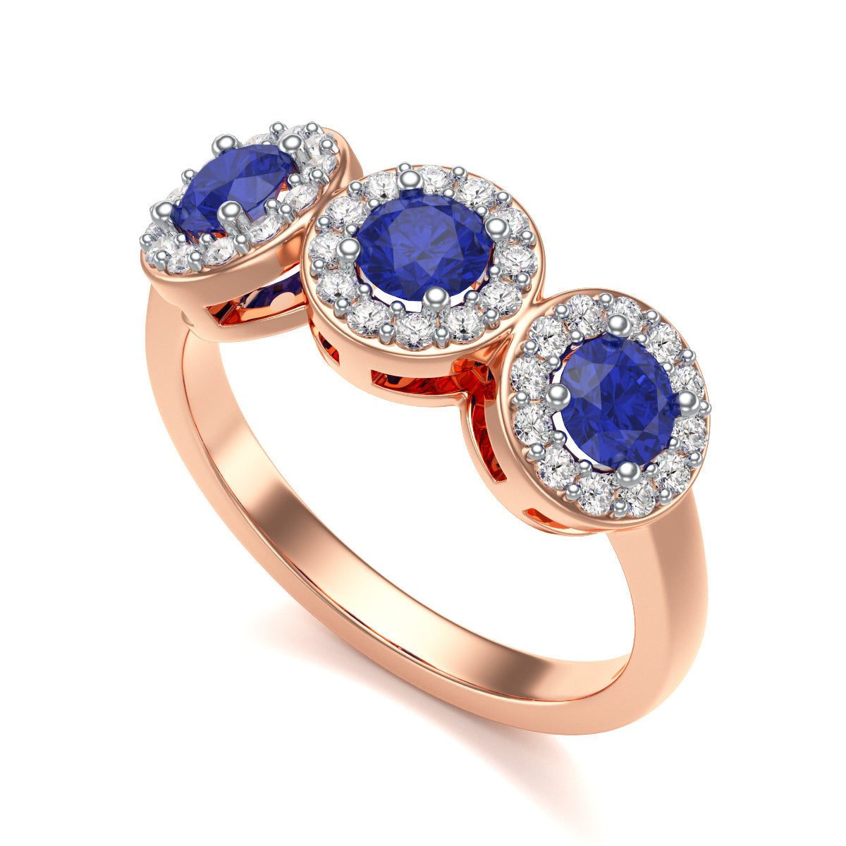 Blue Sapphire Round Three Stone Diamond Halo Ring