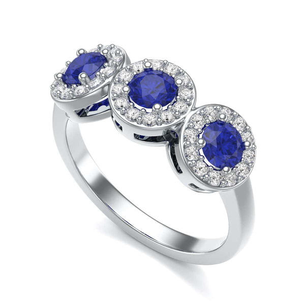 Diamond Halo Round Shape 3 Blue Sapphires Ring in 18ct Gold and Platinum