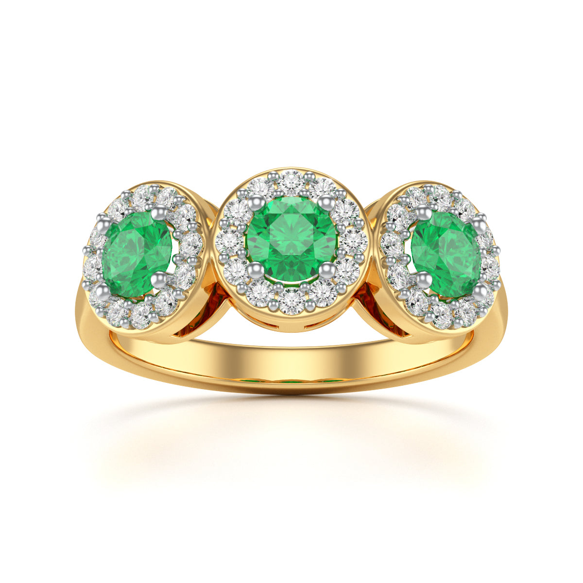 Emerald Round Three Stone Diamond Halo Ring