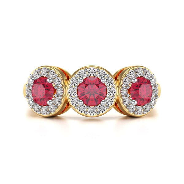 18ct Gold  Diamond Halo 3 Rubies Engagement Ring - Round Emarald