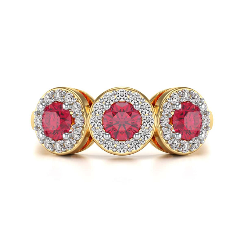 18ct Gold  Diamond Halo 3 Rubies Engagement Ring - Round Emarald
