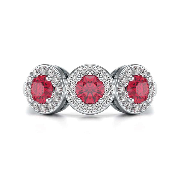 18ct Gold  Diamond Halo 3 Rubies Engagement Ring - Round Emarald