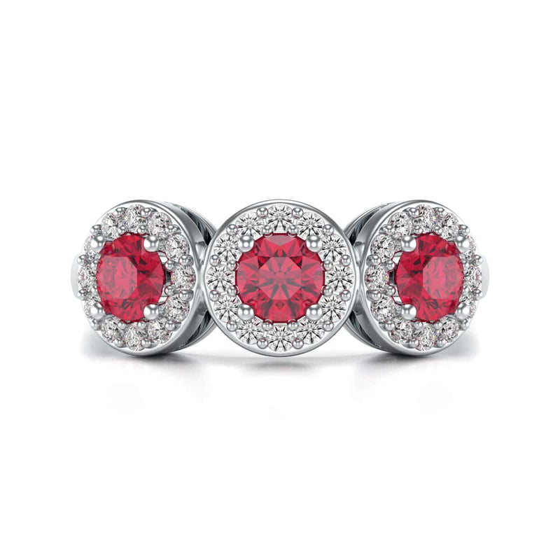 18ct Gold  Diamond Halo 3 Rubies Engagement Ring - Round Emarald