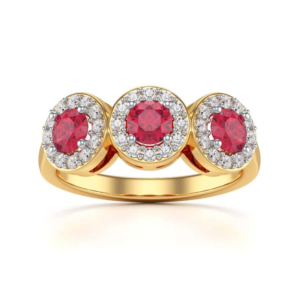 18ct Gold  Diamond Halo 3 Rubies Engagement Ring - Round Emarald