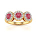 18ct Gold  Diamond Halo 3 Rubies Engagement Ring - Round Emarald