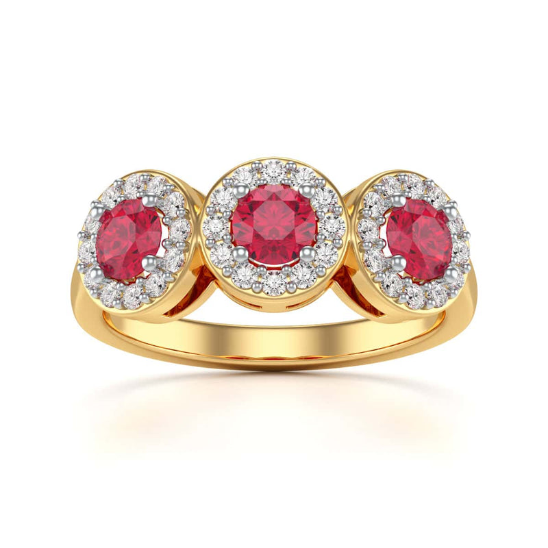 18ct Gold  Diamond Halo 3 Rubies Engagement Ring - Round Emarald