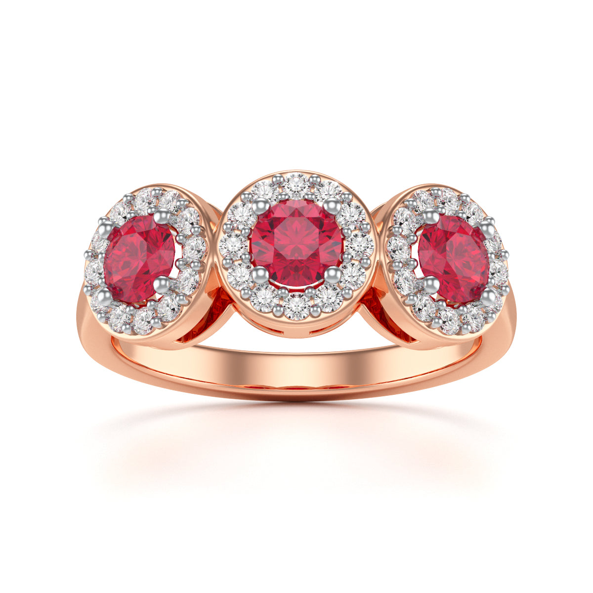 Ruby Three Stone Diamond Halo Ring