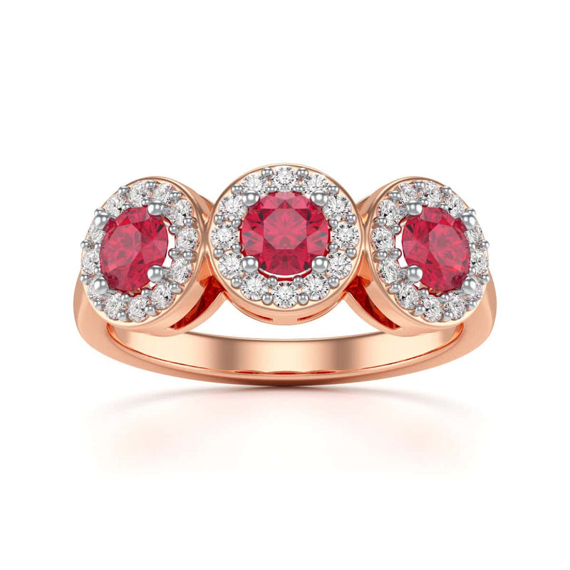 18ct Gold  Diamond Halo 3 Rubies Engagement Ring - Round Emarald