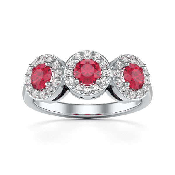 18ct Gold  Diamond Halo 3 Rubies Engagement Ring - Round Emarald