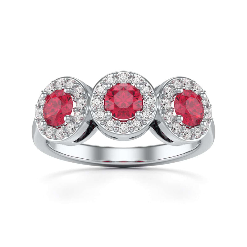 18ct Gold  Diamond Halo 3 Rubies Engagement Ring - Round Emarald