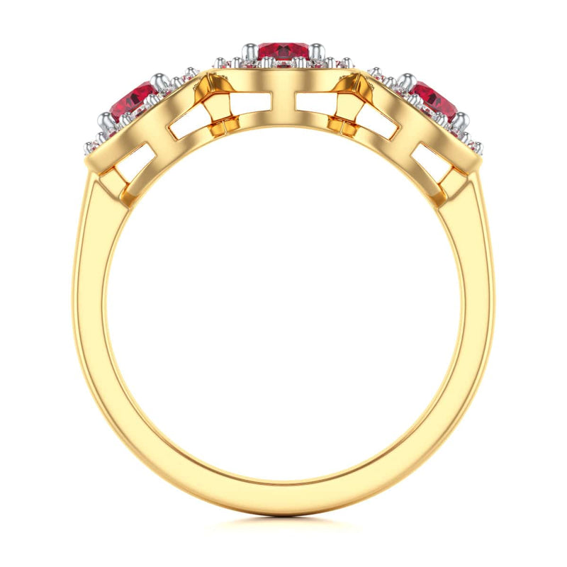 18ct Gold  Diamond Halo 3 Rubies Engagement Ring - Round Emarald