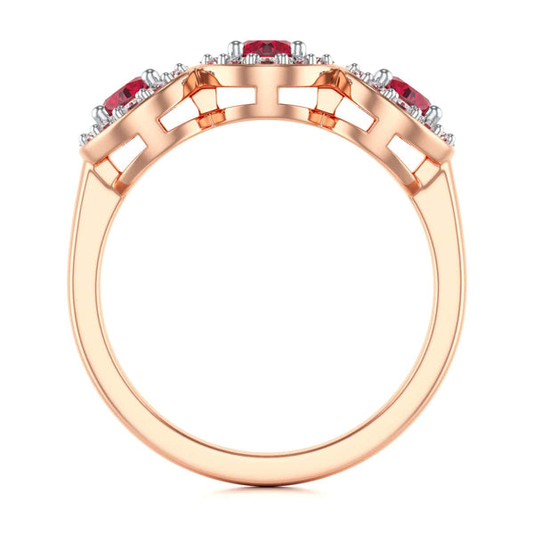 18ct Gold  Diamond Halo 3 Rubies Engagement Ring - Round Emarald