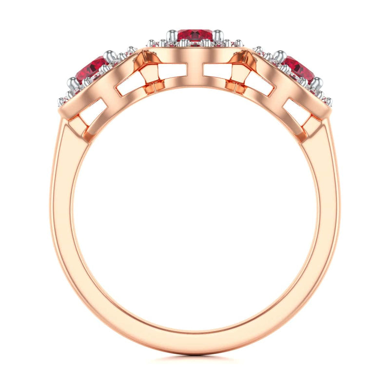 18ct Gold  Diamond Halo 3 Rubies Engagement Ring - Round Emarald