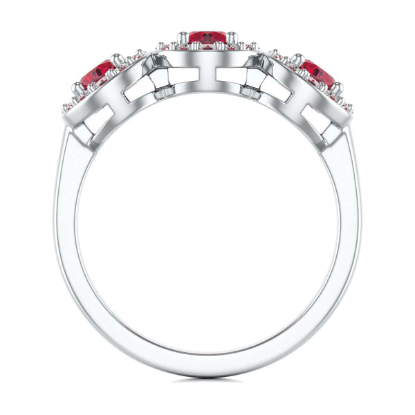 18ct Gold  Diamond Halo 3 Rubies Engagement Ring - Round Emarald