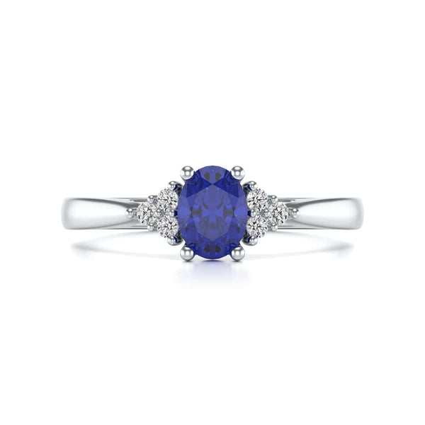 Oval Shape Blue Sapphire Trefoil Diamond Engagement Ring in 18ct Gold and Platinum