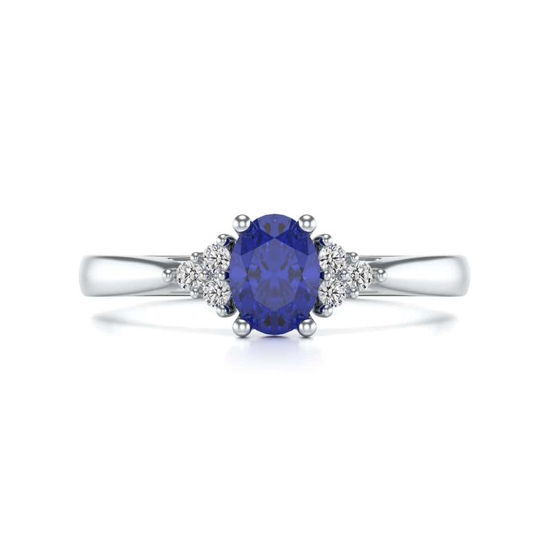 Oval Shape Blue Sapphire Trefoil Diamond Engagement Ring in 18ct Gold and Platinum