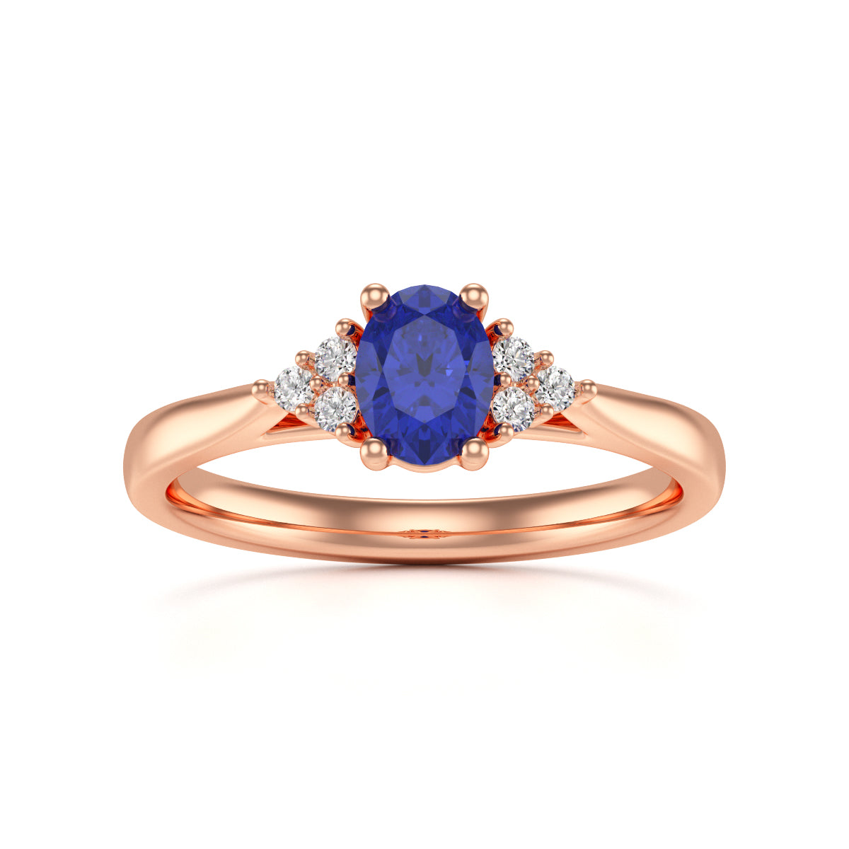 Oval Blue Sapphire Centre Stone with Diamond trefoil side stones Ring