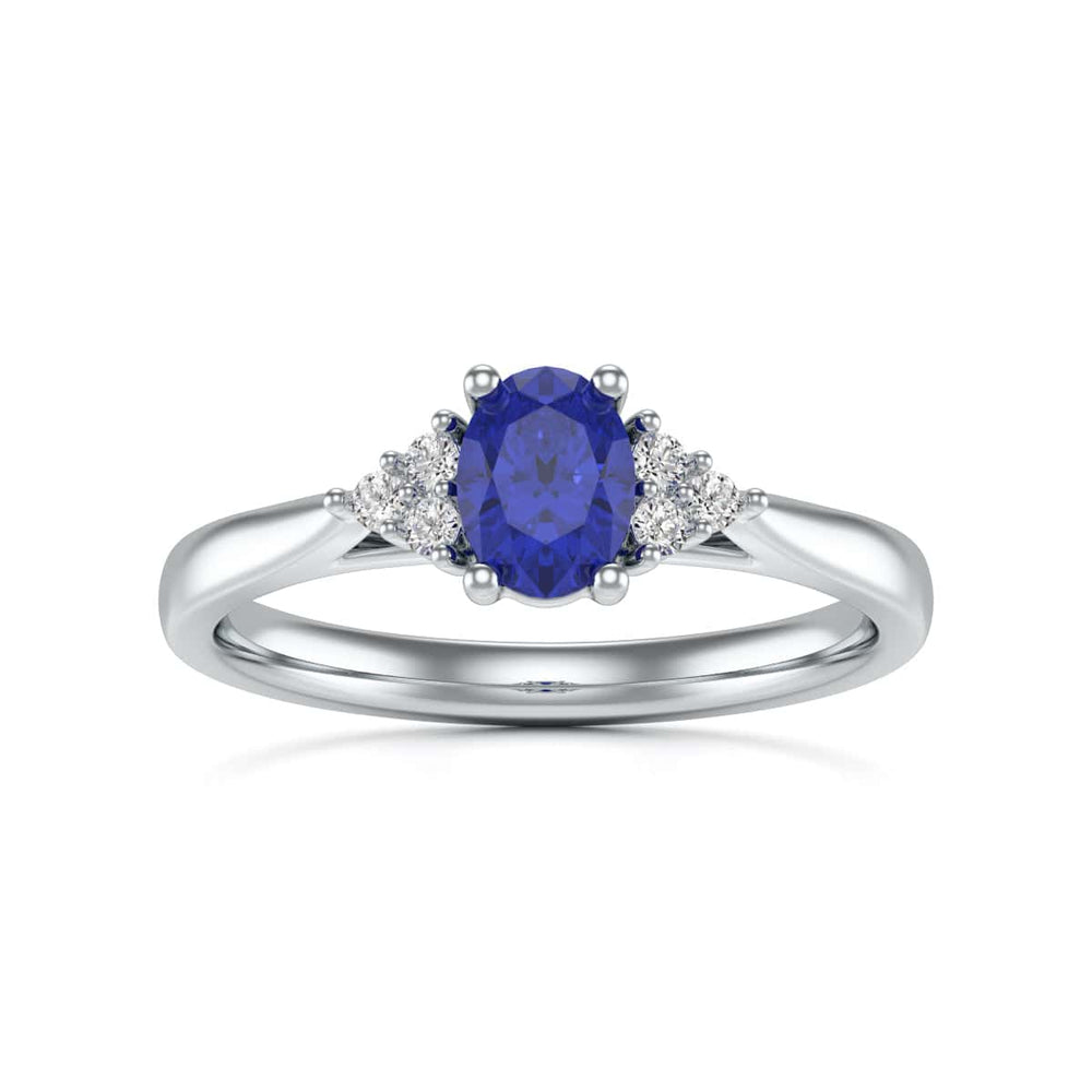Oval Shape Blue Sapphire Trefoil Diamond Engagement Ring in 18ct Gold and Platinum