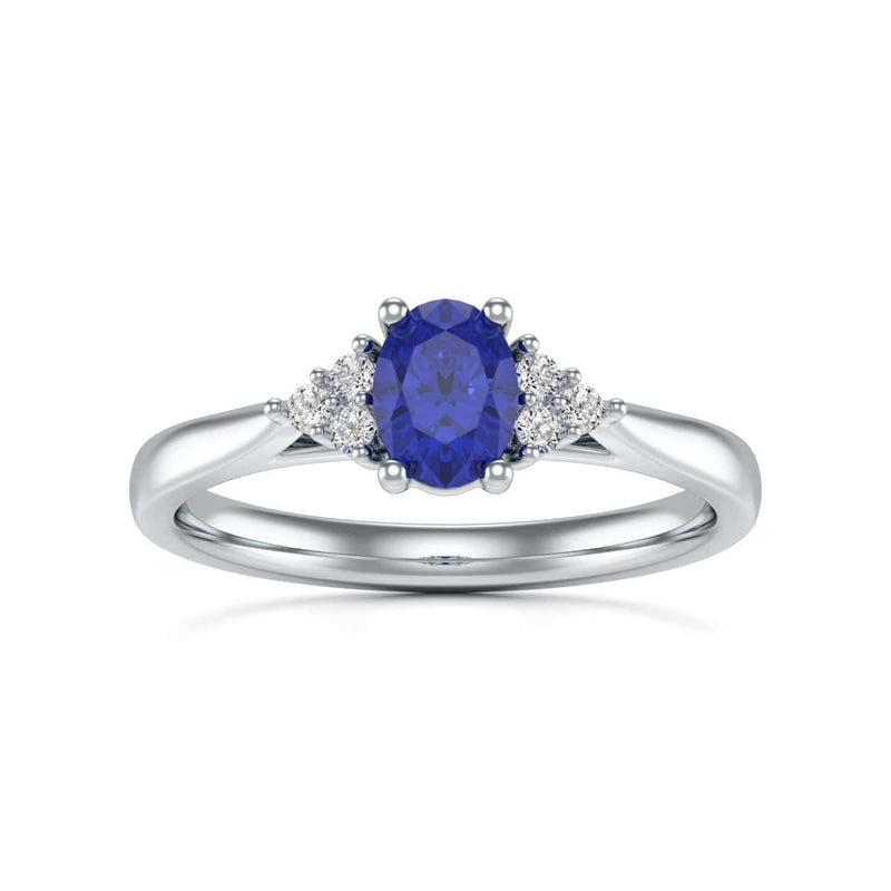 Oval Shape Blue Sapphire Trefoil Diamond Engagement Ring in 18ct Gold and Platinum