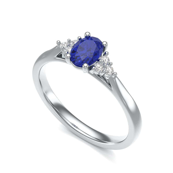 Oval Shape Blue Sapphire Trefoil Diamond Engagement Ring in 18ct Gold and Platinum