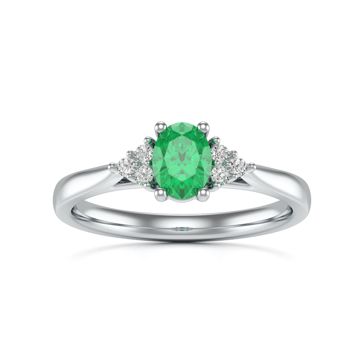 Oval Emerald Centre Stone with Diamond Trefoil Side Stones Ring