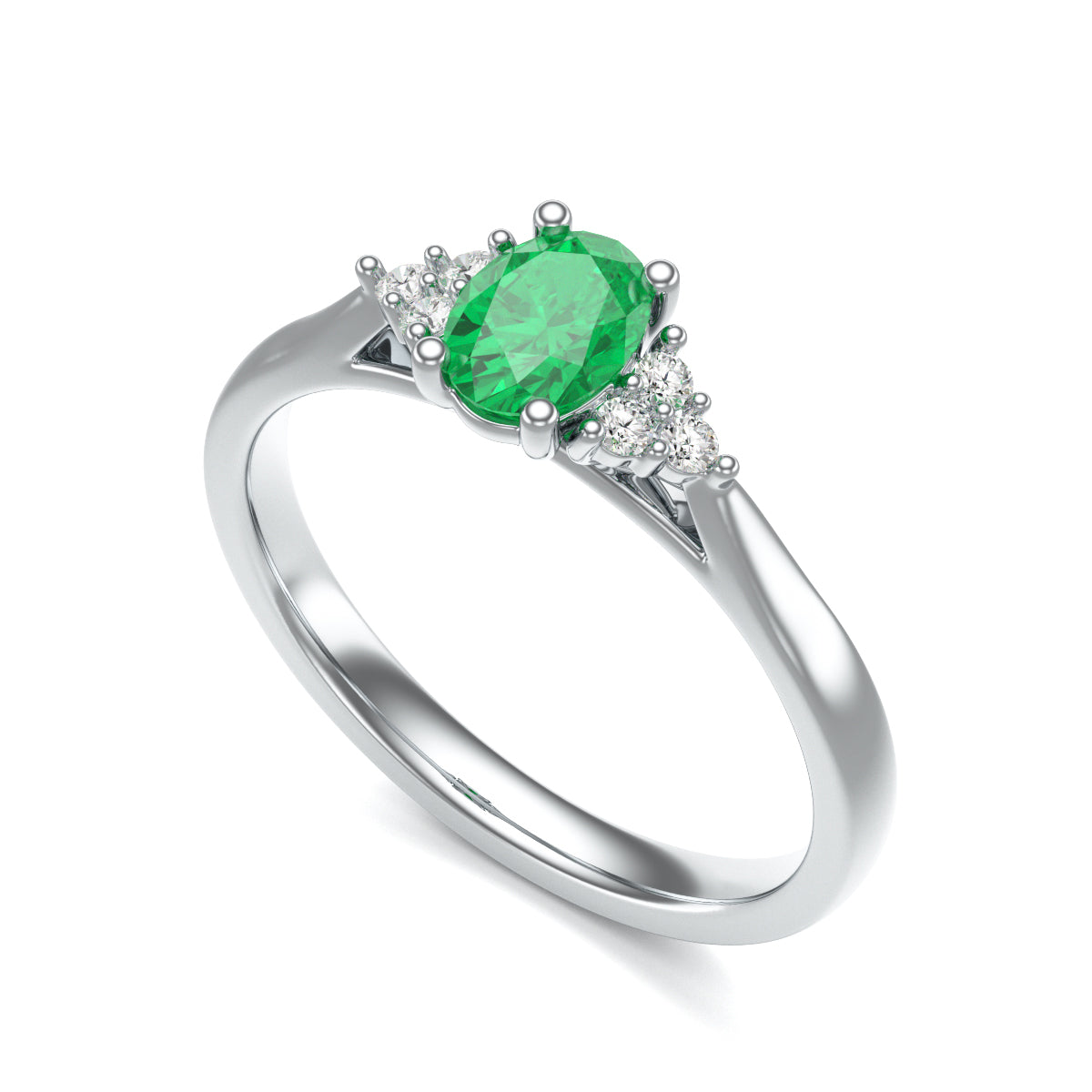 Oval Emerald Centre Stone with Diamond Trefoil Side Stones Ring