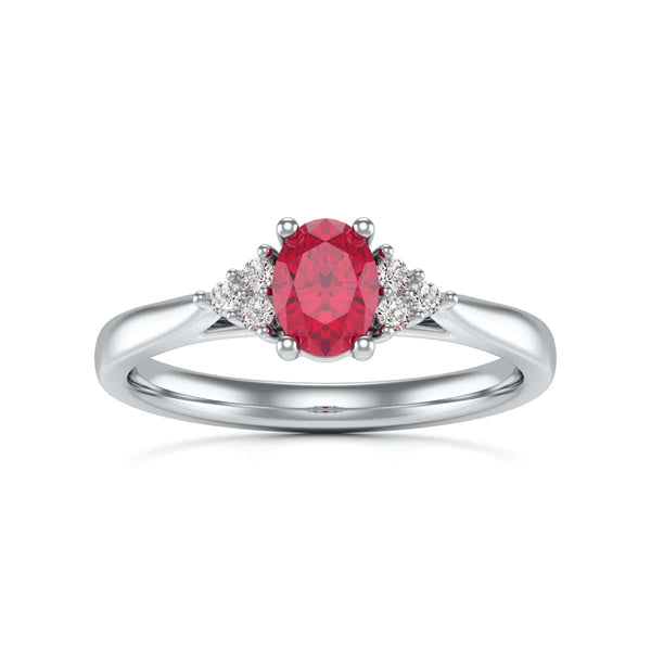 Diamond Trefoil Oval Shape Ruby Engagement Ring in 18ct Gold and Platinum
