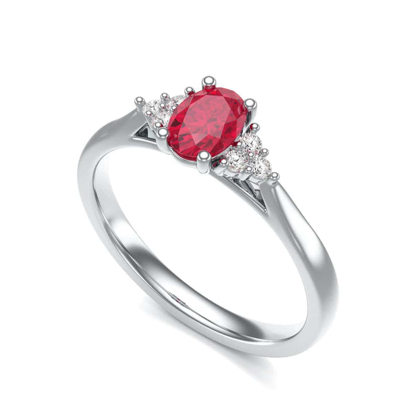 Diamond Trefoil Oval Shape Ruby Engagement Ring in 18ct Gold and Platinum