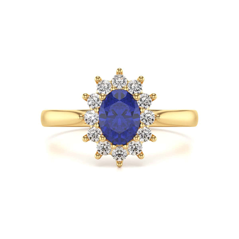 Oval Shape Blue Sapphire Engagement Ring - Diamond Halo Cluster in 18ct Gold and Platinum- Princess Diana Inspired