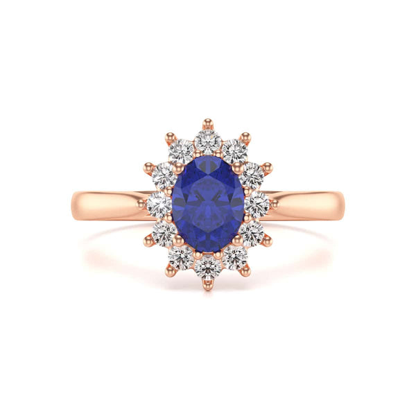 Oval Shape Blue Sapphire Engagement Ring - Diamond Halo Cluster in 18ct Gold and Platinum- Princess Diana Inspired