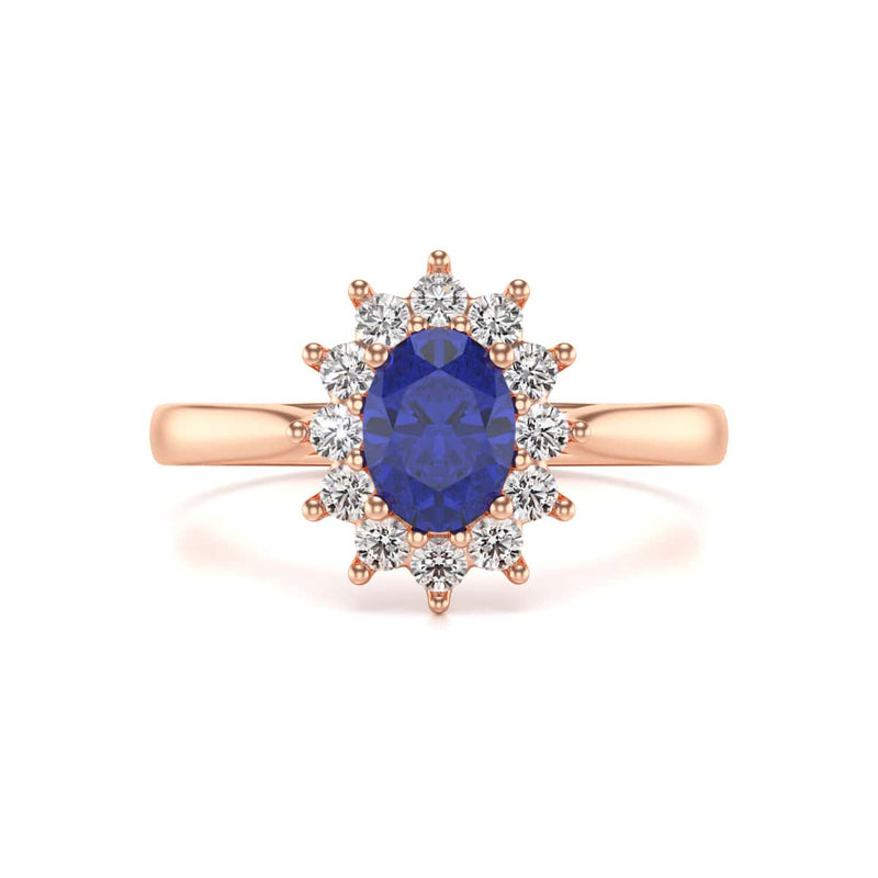 Oval Shape Blue Sapphire Engagement Ring - Diamond Halo Cluster in 18ct Gold and Platinum- Princess Diana Inspired