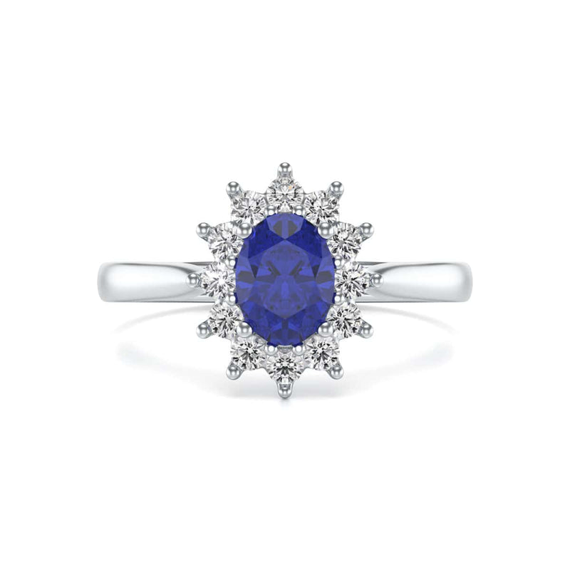 Oval Shape Blue Sapphire Engagement Ring - Diamond Halo Cluster in 18ct Gold and Platinum- Princess Diana Inspired