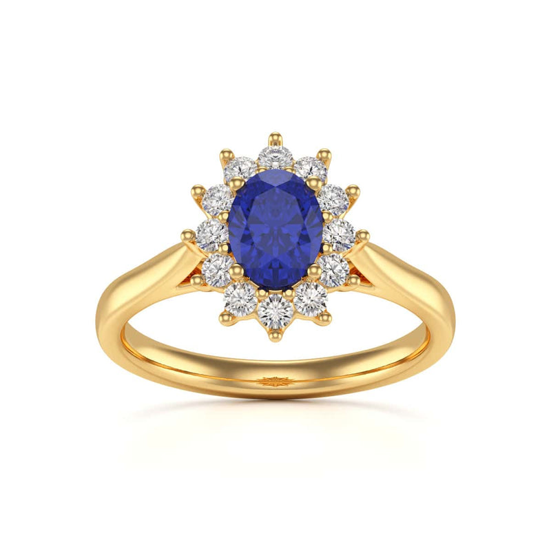 Oval Shape Blue Sapphire Engagement Ring - Diamond Halo Cluster in 18ct Gold and Platinum- Princess Diana Inspired