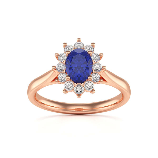 Oval Shape Blue Sapphire Engagement Ring - Diamond Halo Cluster in 18ct Gold and Platinum- Princess Diana Inspired